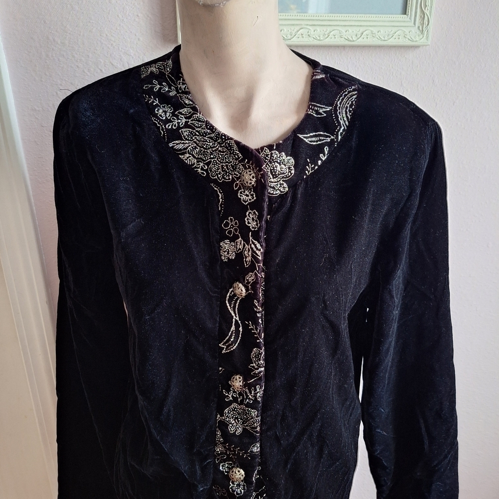Vintage America Black Velvet Blazer with Silver Embroidery
